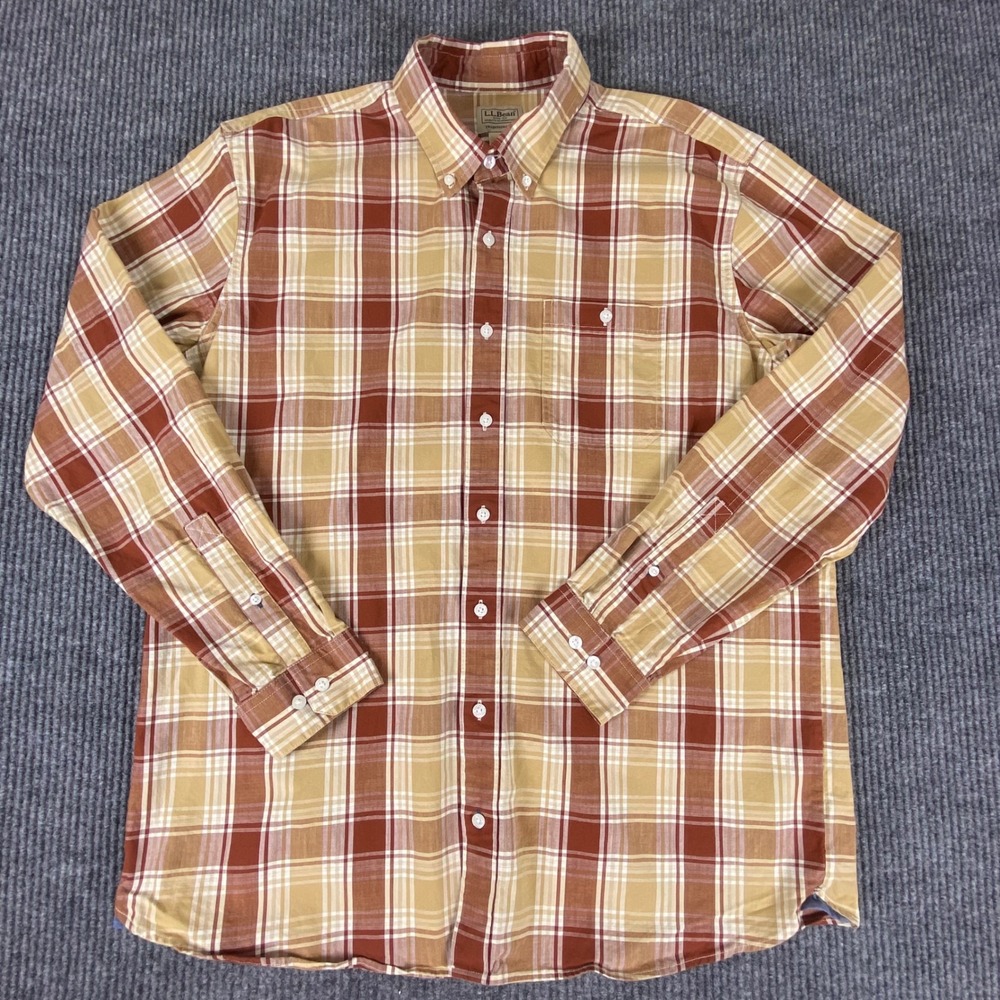 L.L.Bean Plaid Button Down Mens L-Tall Orange Traditional Fit Stretch Flannel